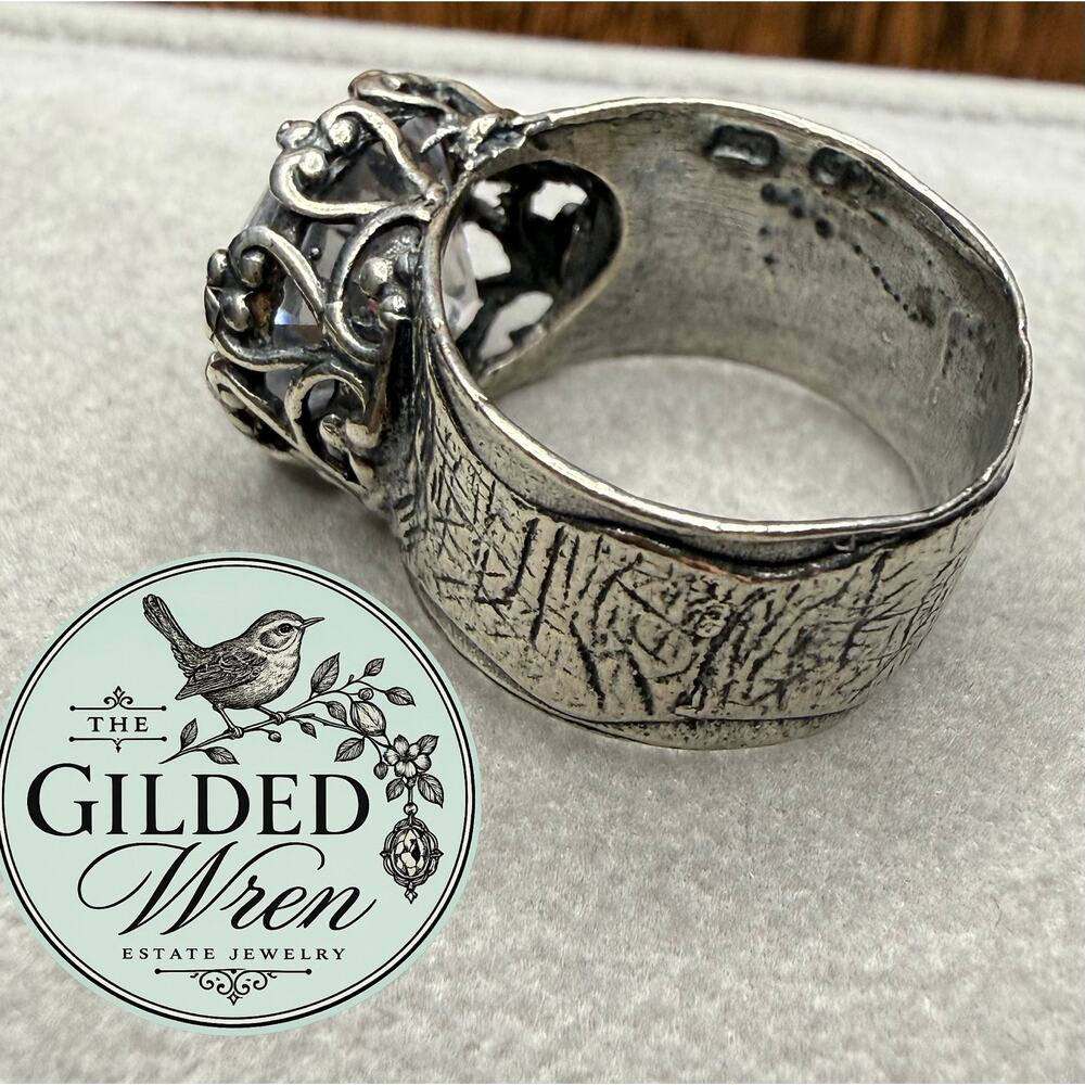 Vintage 925 Silver 12mm CZ Ring Wide Textured Statement Band Sz 6.5 7.19g - Picture 10 of 13